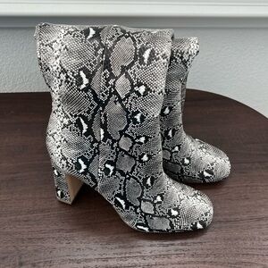 Madden Girl Black and White Snakeskin Heeled Boots